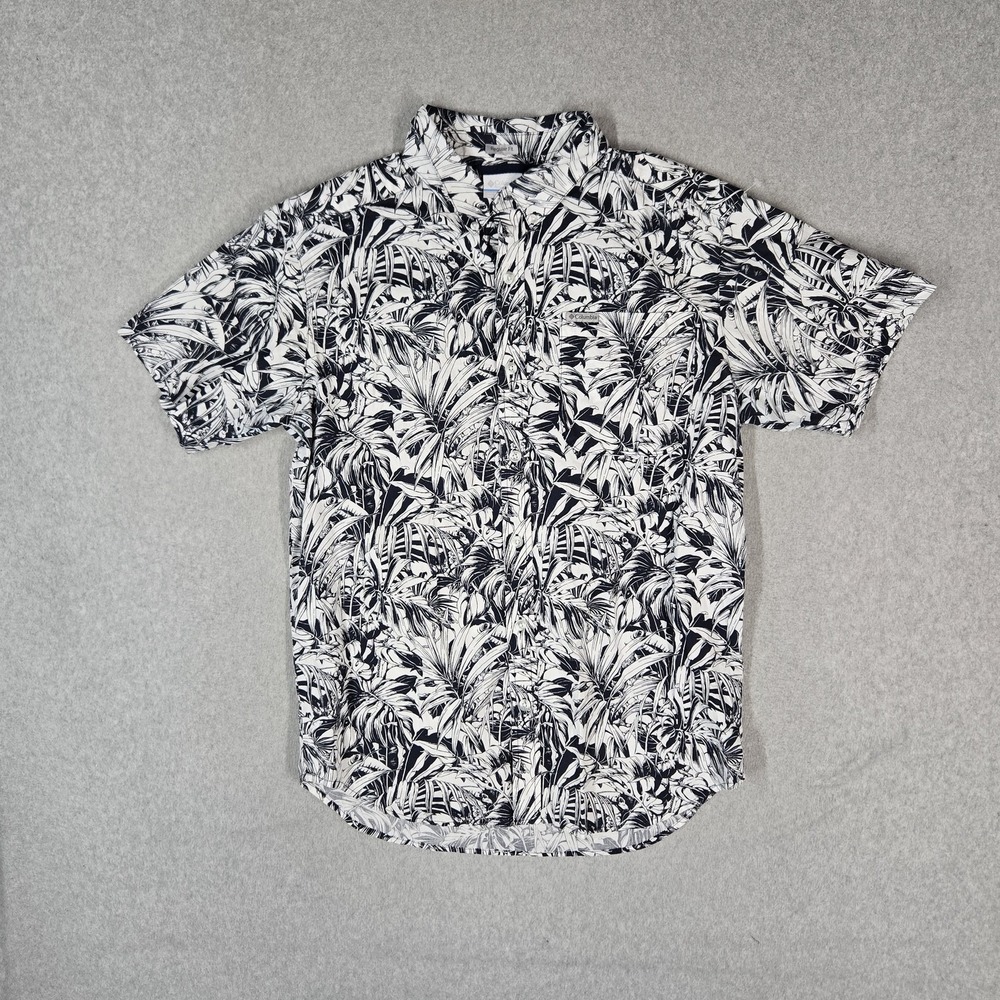 Columbia Men Button Up Shirt M White Shirt Floral Hawaiian Shirt Stretch